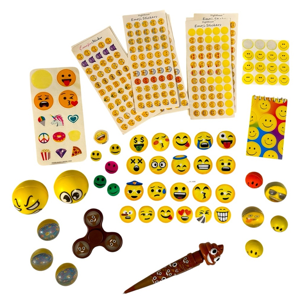 Large Emoji lot with stickers bouncy balls fart pen erasers & fidget spinner